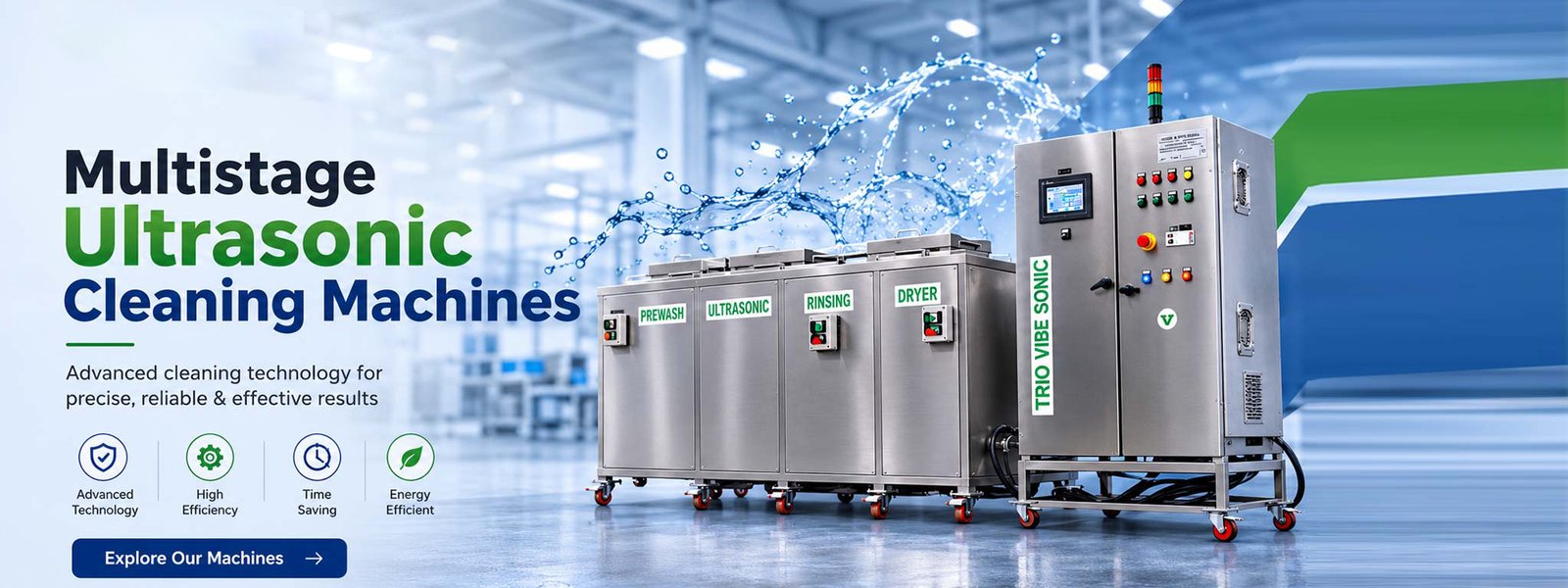 Multistage ultrasonic cleaning machines — prewash, ultrasonic, rinsing, dryer